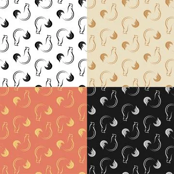 Set of seamless patterns with Abstract rooster, chicken, cock male. Farm bird Stock Illustration