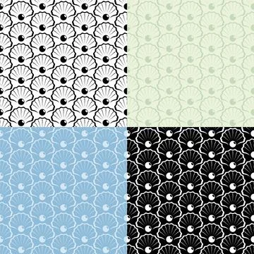 Set of seamless patterns with abstract sea shining pearl icon in open shell Illustrazione stock