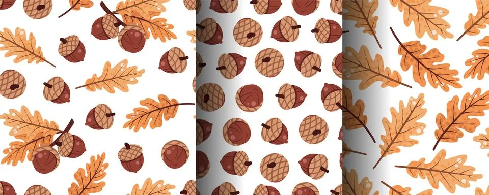Set of Seamless Patterns with Acorns and Oak Leaves in Flat Style. Rustic A.. 库存插图
