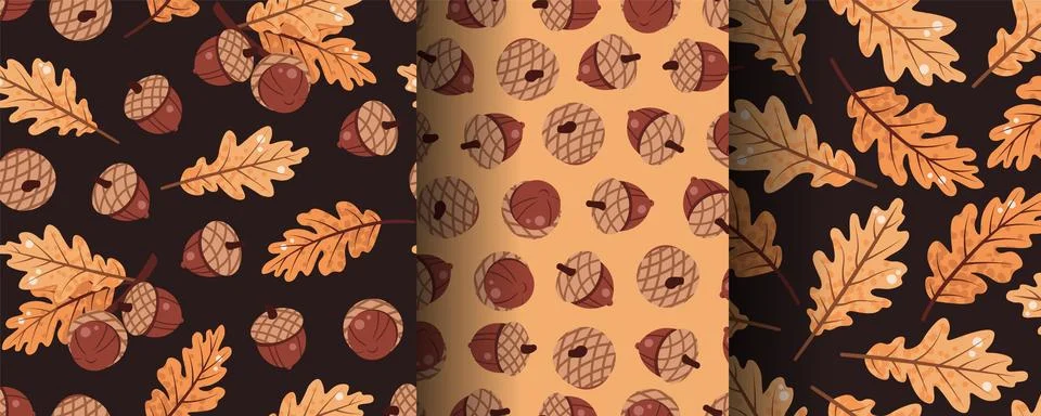 Set of Seamless Patterns with Acorns and Oak Leaves in Flat Style. Rustic A.. Stock Illustration