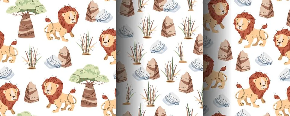 Set of Seamless Patterns with African Animals. Cute children's texture with.. Stock Illustration