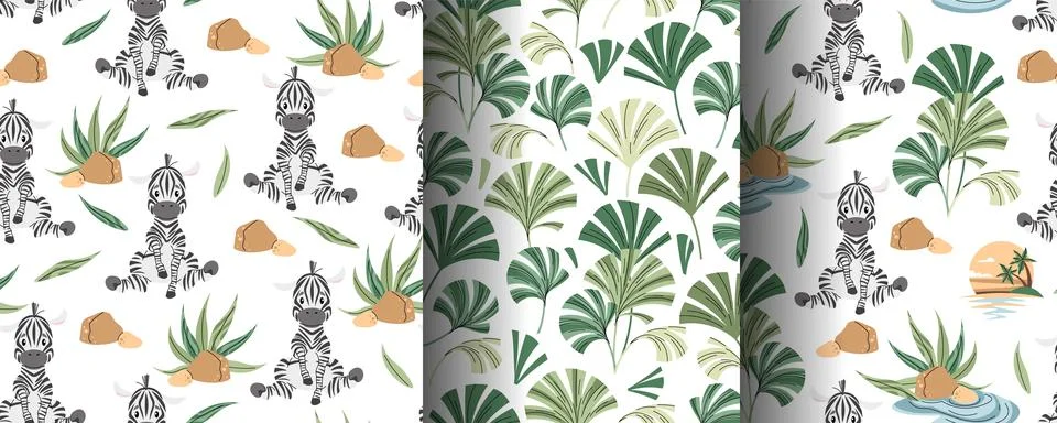 Set of Seamless Patterns with African Animals. Cute children's texture with.. Stock Illustration