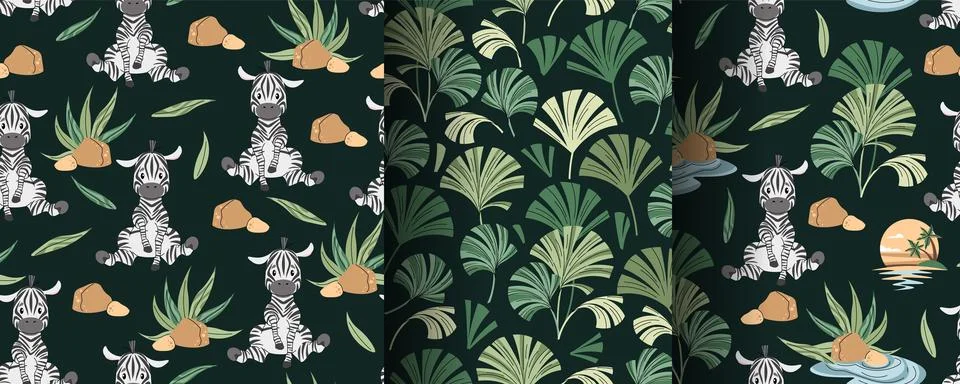 Set of Seamless Patterns with African Animals. Cute children's texture with.. Stock Illustration