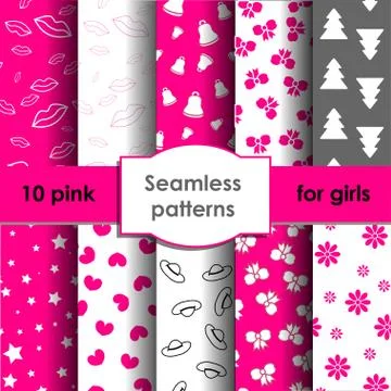 Set of seamless patterns and backgrounds for girls Stock Illustration