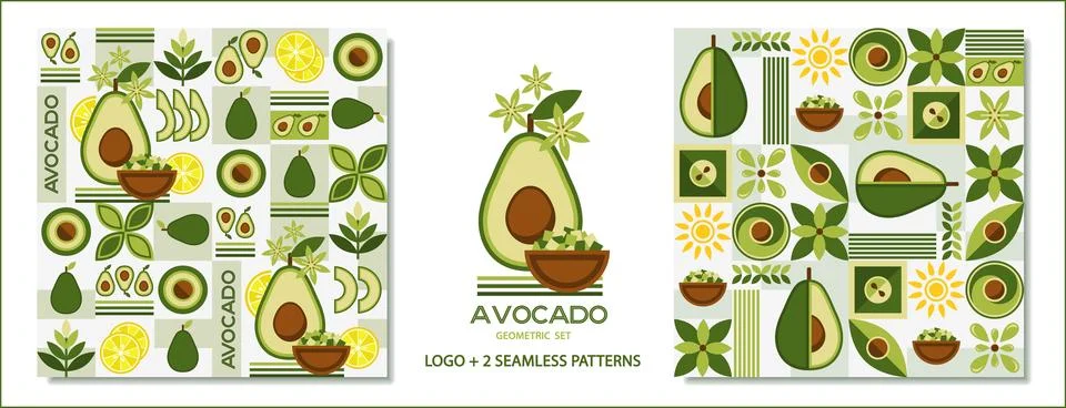 Set of seamless patterns and logo with avocado in simple geometric style. Stock Illustration