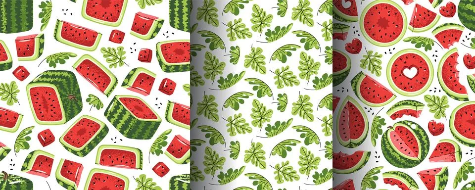 Set Of Seamless Patterns With Assorted Watermelon Slices And Leaves In Flat S Illustrazione stock