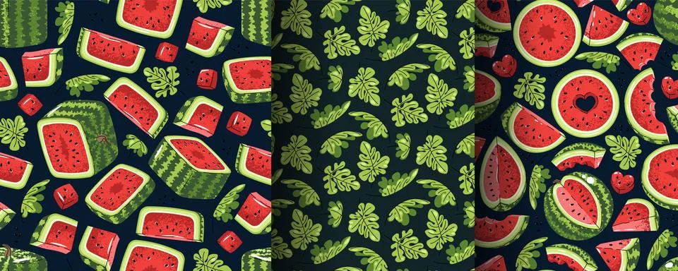 Set Of Seamless Patterns With Assorted Watermelon Slices And Leaves In Flat S Illustrazione stock