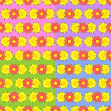 Set of seamless patterns of asters of yellow and red with green leaves Stock Illustration