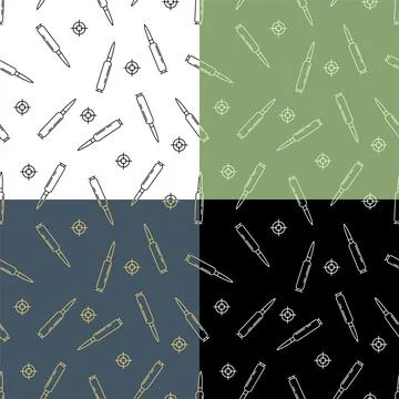 Set of seamless patterns with automatic weapon bullet. Soldier weapon. Orname Stock Illustration
