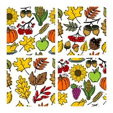 Set of seamless patterns of autumn elements of nature handmade Stock Illustration