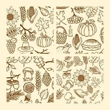 Set of seamless patterns of autumn elements of nature handmade Stock Illustration