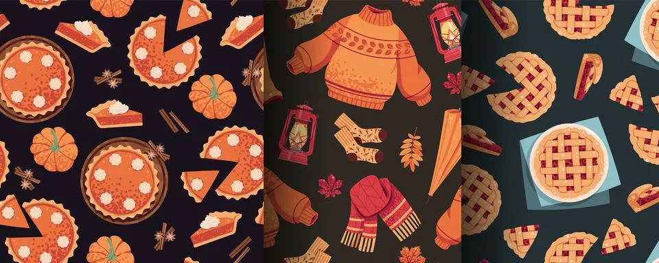 Set of Seamless Patterns with Autumn Pie, Pumpkin, Jam Jar, Sweater, Boots an Stock Illustration
