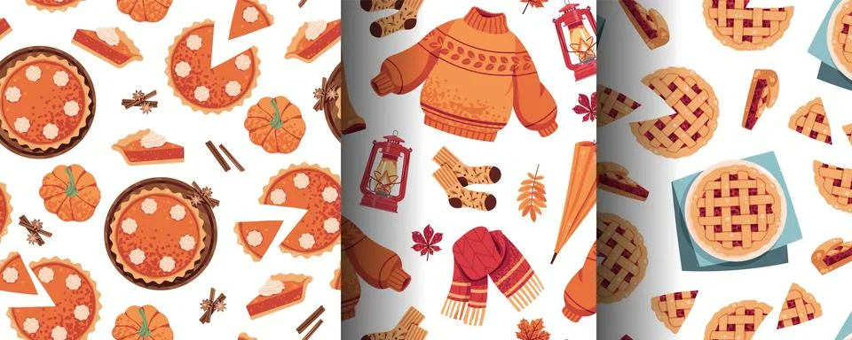 Set of Seamless Patterns with Autumn Pie, Pumpkin, Jam Jar, Sweater, Boots an Stock Illustration