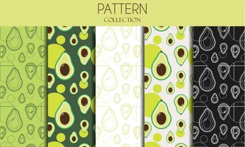 A set of seamless patterns with avocado. Flat design illustration with fruit in 스톡 일러스트