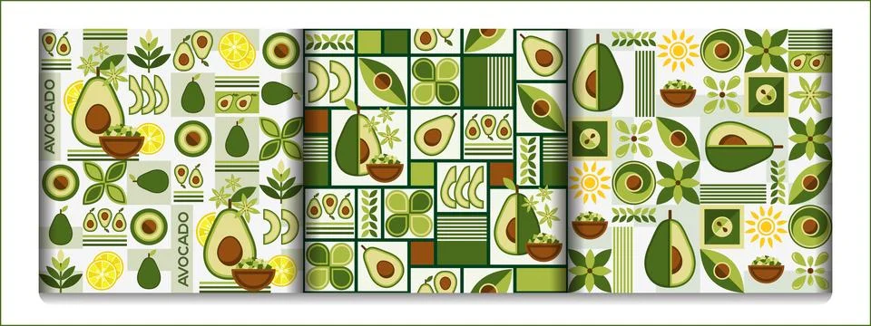 Set of seamless patterns with avocado in simple geometric style. Abstract s.. Stock Illustration