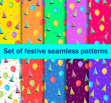 Set of seamless patterns with balloons and caps, confetti. A festive backgrou Stock Illustration