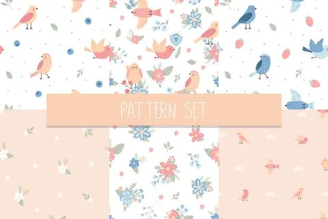 Set with seamless patterns with birds and flowers. Stock Illustration