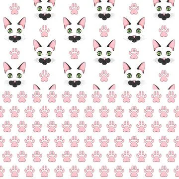 Set of seamless patterns with black cat face and paw prints. Stock Illustration