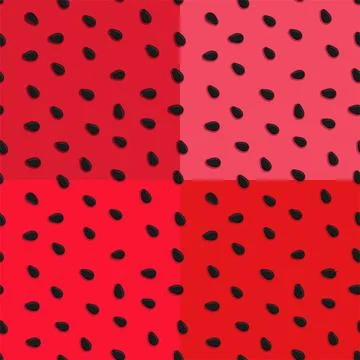 Set of seamless patterns with black watermelon seeds on red. Ornament for dec Stock Illustration