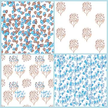 Set of seamless patterns with blue and brown hearts Stock Illustration