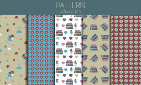 A set of seamless patterns with books, ice cream and hearts. Vector flat Stock Illustration