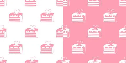 Set of seamless patterns with cake pieces in pink color 스톡 일러스트