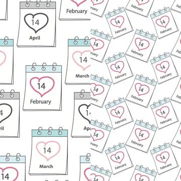 Set of seamless patterns with calendar pages with date 14 February, 14 March and Illustrazione stock