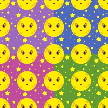 Set of seamless patterns of cartoon smiling moons with stars on a colored bac Illustrazione stock