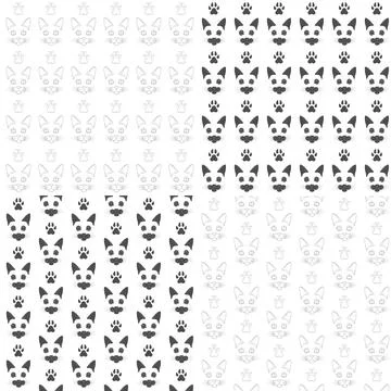 Set of seamless patterns with cats muzzles and paws. Stock Illustration