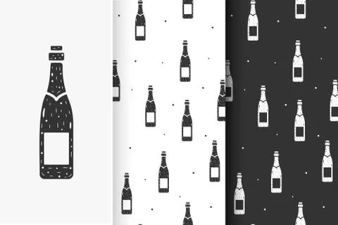 Set of seamless patterns of champagne or wine bottles in flat style Stock Illustration
