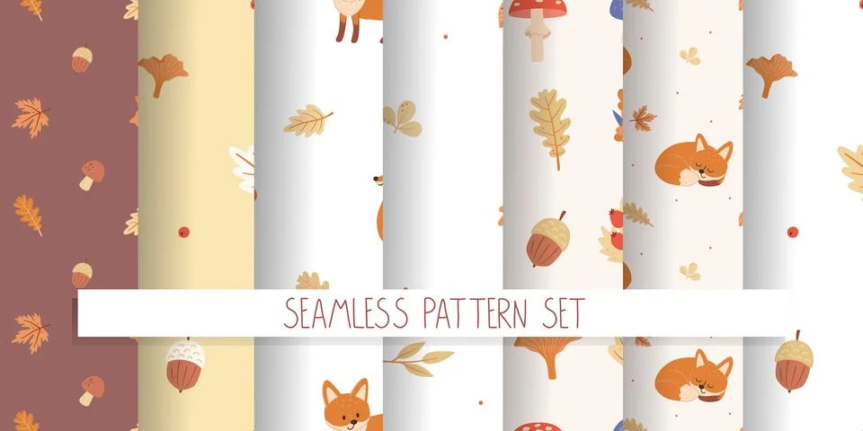 Set seamless patterns with childish foxes autumn forest plants twigs leaves Stock Illustration