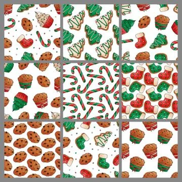 Set of seamless patterns with Christmas deserts on white background. New year Stock Illustration