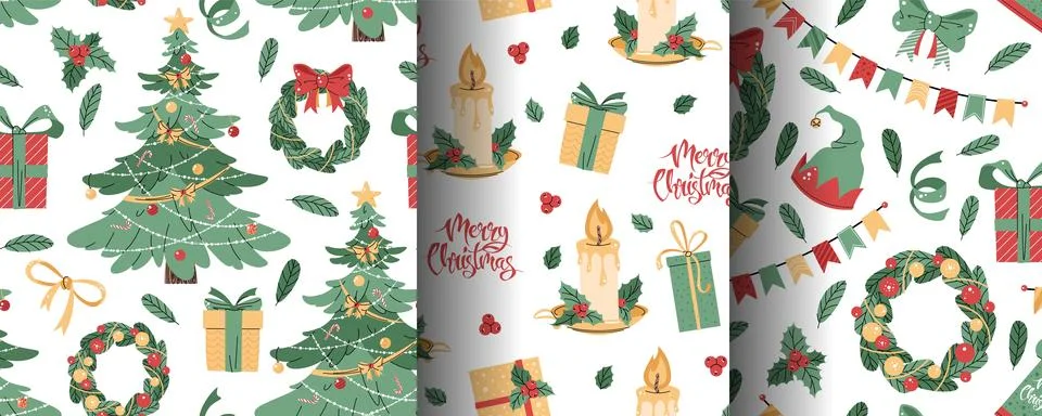 Set of seamless patterns with Christmas tree, candle, wreath and gifts. Vecto Stock Illustration
