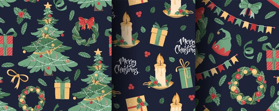 Set of seamless patterns with Christmas tree, candle, wreath and gifts. Vec.. Stock Illustration