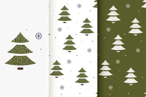 Set of seamless patterns of Christmas trees and snowflakes in flat style. Col Stock Illustration