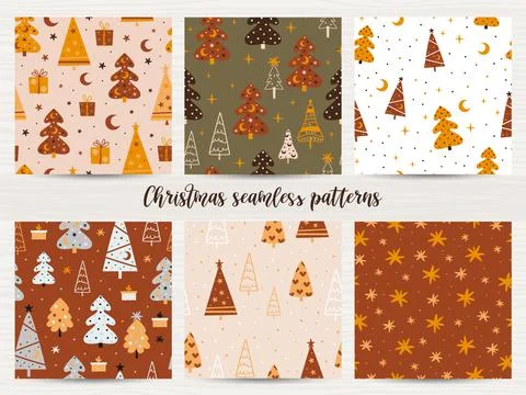 Set of seamless patterns with chtistmas trees. Stock Illustration