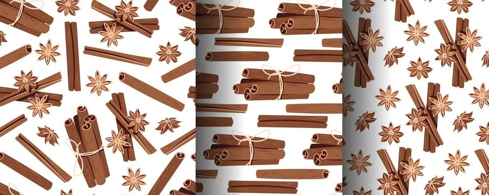 Set of Seamless Patterns with Cinnamon Sticks and Star Anise in Flat Style. C Stock Illustration