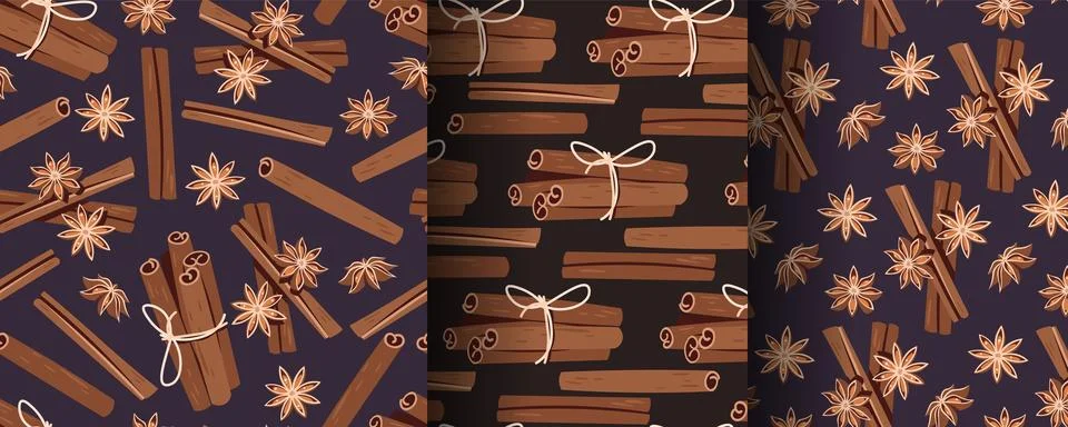Set of Seamless Patterns with Cinnamon Sticks and Star Anise in Flat Style. C Stockillustratie