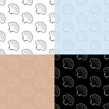 Set of seamless patterns with closed sea shell icon. Scallop, edible shellfish Stock Illustration
