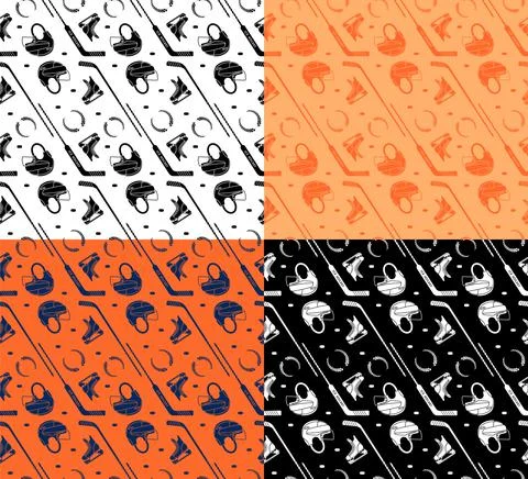 Set of seamless patterns with clubs, helmets, ice hockey pucks and laurel Illustrazione stock