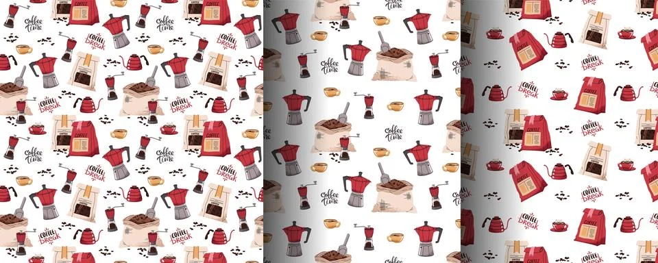 Set of Seamless patterns with coffee bag, moka pot, teapot, coffee grinder. R Stock Illustration