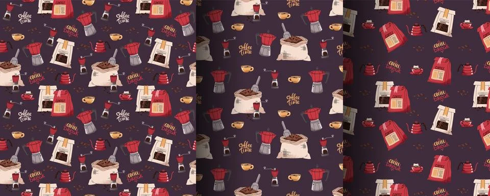 Set of Seamless patterns with coffee bag, moka pot, teapot, coffee grinder. R Stock Illustration