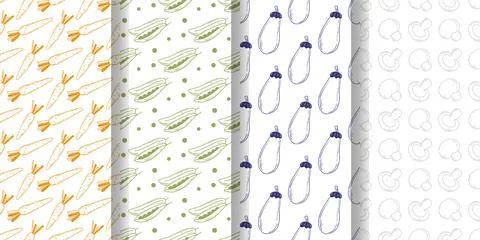 Set of seamless patterns with colored engraved vegetables Stock Illustration