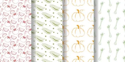 Set seamless patterns with colored engraved pumpkins, green peas, green oni.. Stock Illustration