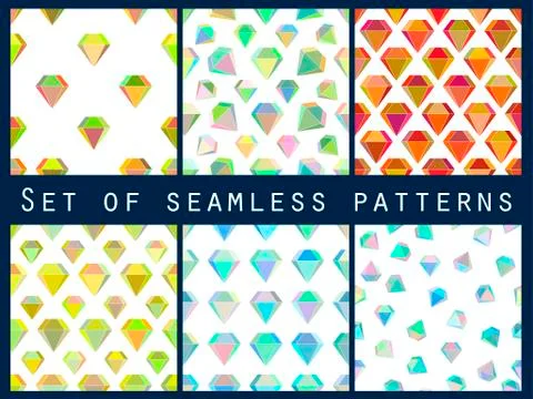 Set of seamless patterns with colorful diamonds. The faceted diamond. Vector Stock Illustration