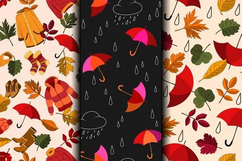 Set of seamless patterns with colorful umbrellas, leaves, rain drops. Vector Stock Illustration