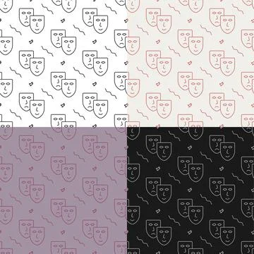 Set of seamless patterns with comedy and tragic theatrical masks together. Th Stock Illustration