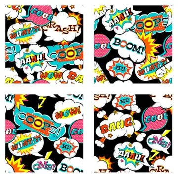 Set of seamless patterns with comic speech bubbles Stock Illustration