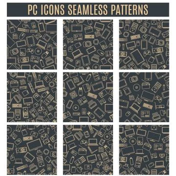 Set seamless patterns from computer and gadget icons, vector illustration. Stock Illustration