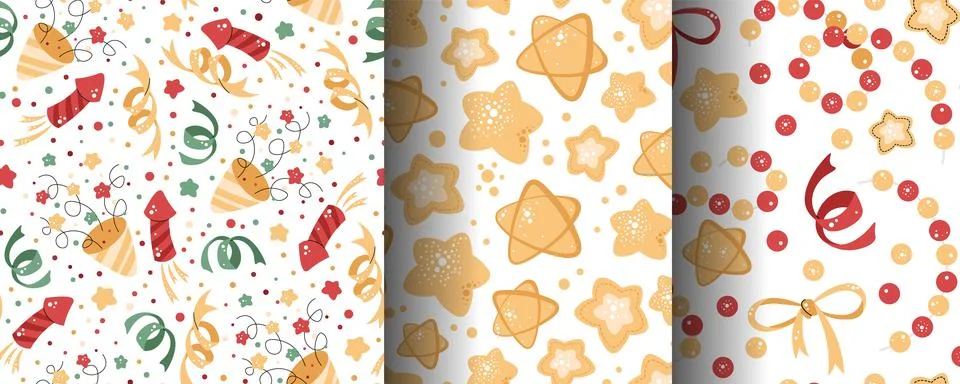Set of seamless patterns with crackers, streamers, fireworks, stars and bows. Stock Illustration